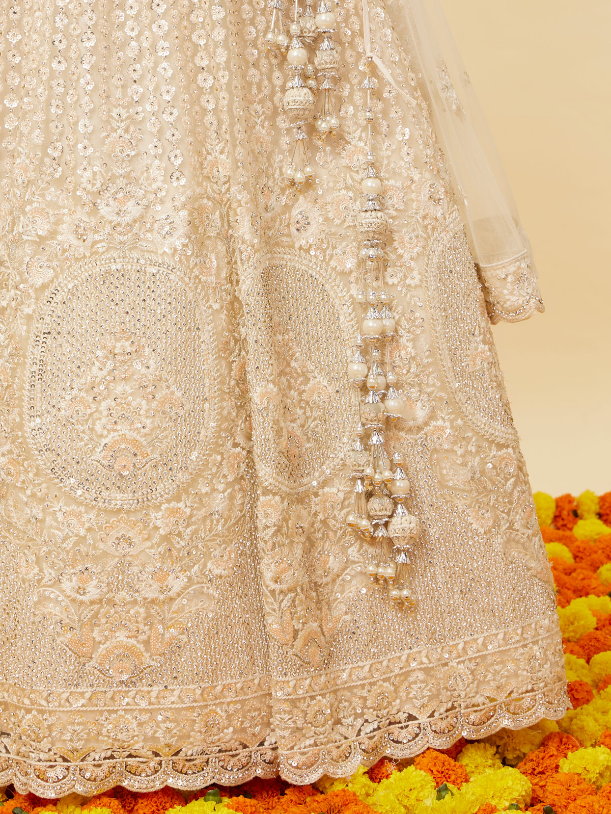 Ivory Cream Rhinestone and Sitara Embroidered Bridal Lehenga image number 4